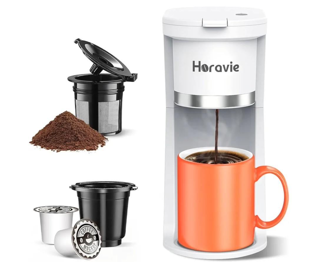 Small Single Serve Coffee Maker, Fast Brew One Cup Coffee Machine for K Cup and Grounds, 6 to 12 oz. Brew Sizes, Capsule Coffee Machine with Descaling Reminder and Viewing Tank, White
