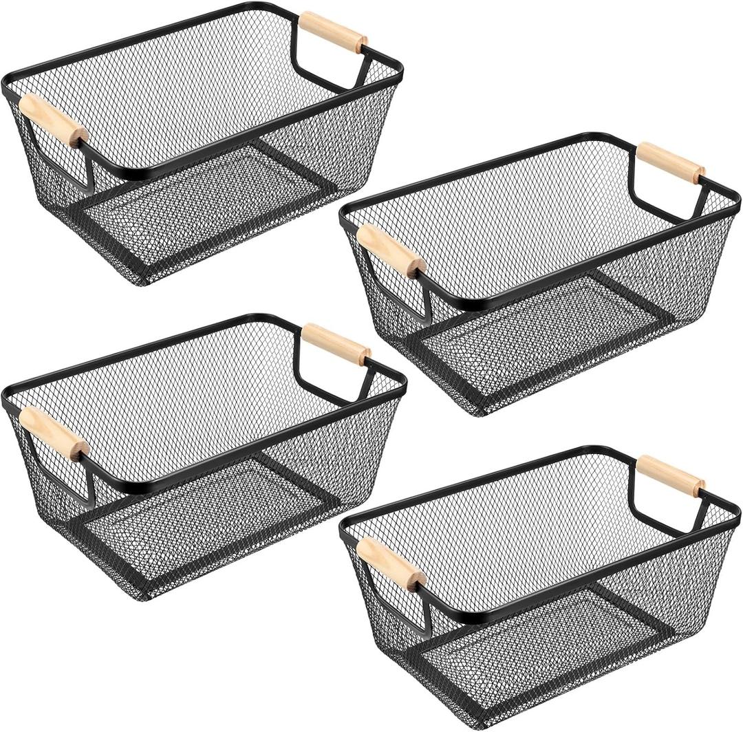 4 Pcs Metal Wire Basket with Wooden Handles Mesh Steel Storage Organizer Bin Containers for Home Organizing Cabinet Pantry Closet Kitchen Fridge Fruit Makeup Snacks Gifts(Medium,Black)