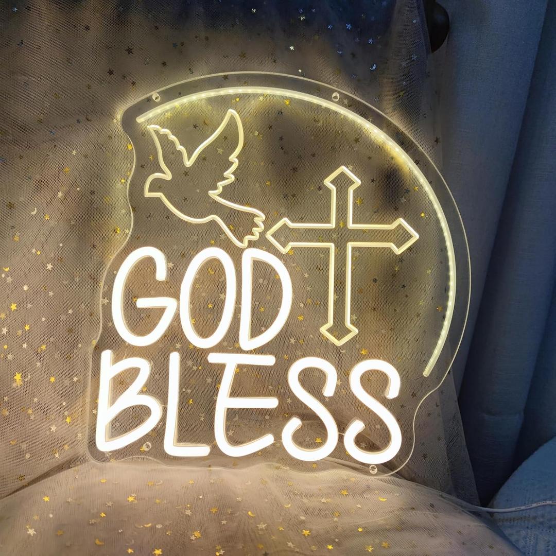 God Bless Neon Signs for Wall Decor, Neon LED Sign God Bless Baptism Decorations Primera Comunion God First Holy Communion Decorations for Baptism Party, 12.5" x 13.3"