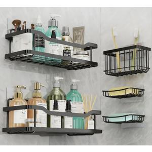 OMAIRA 5-Pack Shower Caddy with Soap Holder, Adhesive Rustproof No-drill Strudy Loading Inside Shower Organizer Shelves Rack Storage Bathroom Organization for Smooth Wall Glass Tile, Black (X-Large)