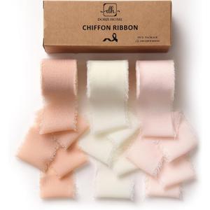 DORIS HOME Frayed Edge Chiffon Ribbon Pink & Cream 1.5 Inch x 21 Yd | Handmade Fringe Fabric Ribbon for Gift Wrapping/Wedding Decor/Bridal Bouquets/Bows/Crafts/Party Styling/Holiday Decoration