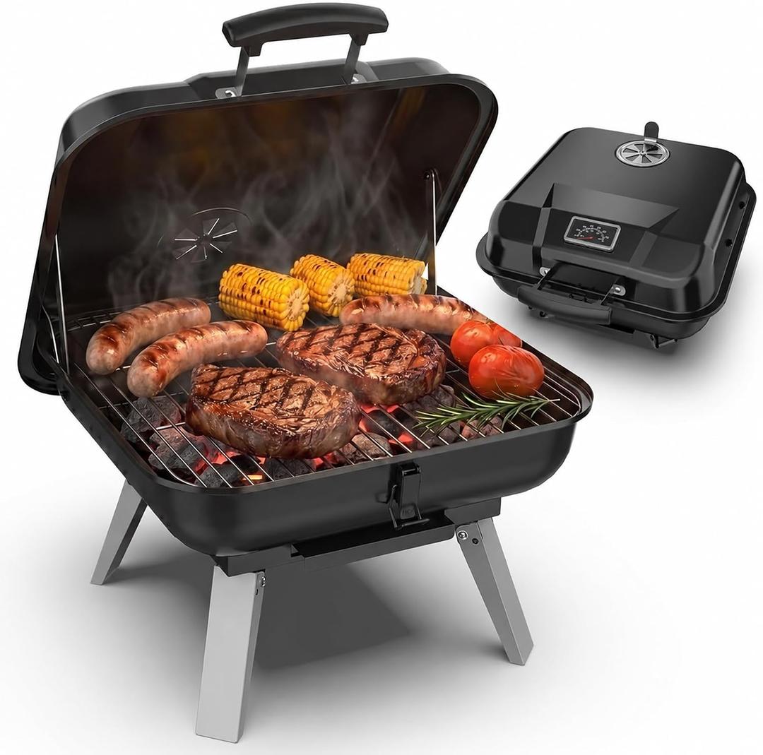 Portable Charcoal Grill, Small Charcoal Grill, Tabletop BBQ Grill, Foldable Camping Grill, Outdoor Grill for Picnic, Tailgating, Travel, Built-in Thermometer, Adjustable Air Vent