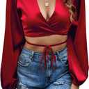 LYANER Women's Satin Wrap V Neck Criss Cross Tie Long Sleeve Crop Blouse Top (Large, Wine Red)