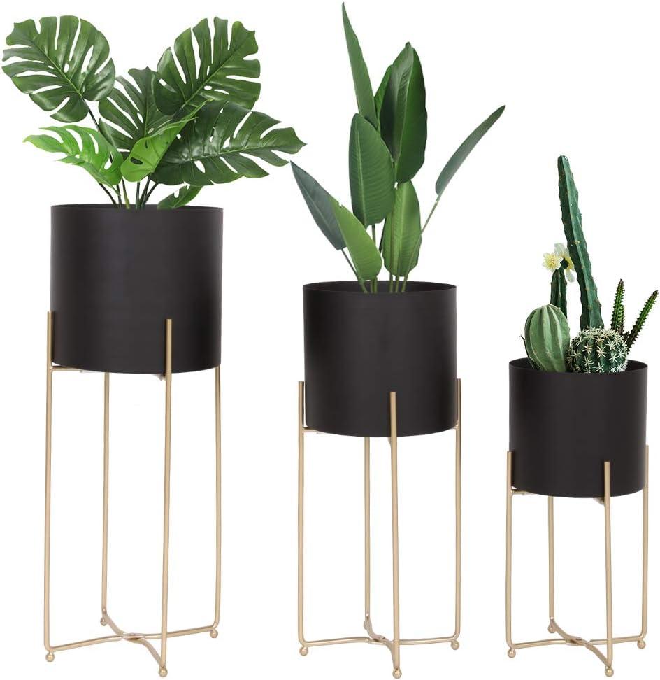 Sinolodo Mid Century Planter with Gold Plant Stand, 3 pcs Modern Planters for Indoor Plants, Metal Floor Planter Set with Foldable Stand(Pack of 3) (9''+8''+7'')