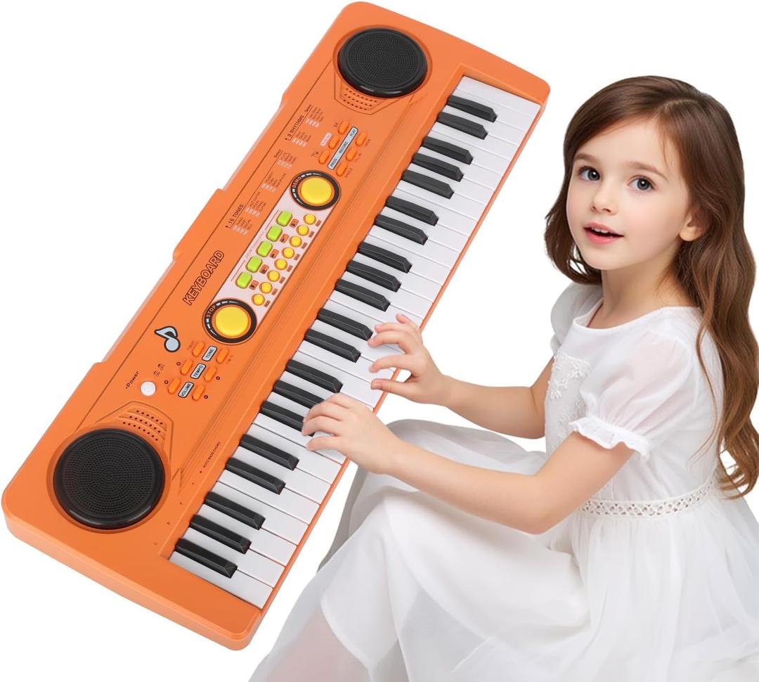 Kids Piano Keyboard with Microphone, 49 Keys Portable Electronic Piano Keyboard for Kids Beginners Ages 3 4 5 6 7, Toy Music Keyboard Birthday Xmas Gift for Girls Boys, Orange