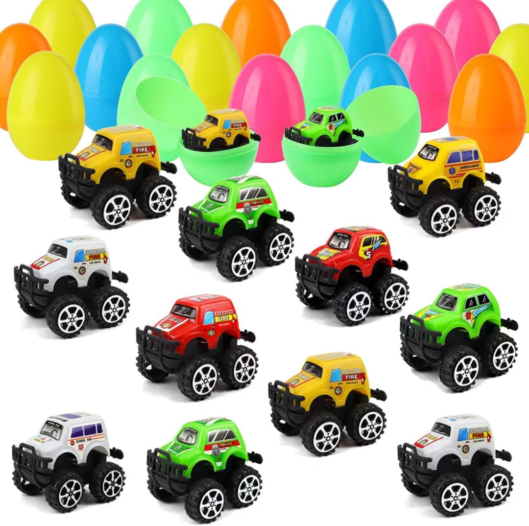 12 Pcs Easter Eggs Filled with Monster Truck Toys,Easter Basket Essentials Easter Trucks Cars for Kids Egg Hunt, Basket Stuffers Filler and Classroom Prize Supplies,