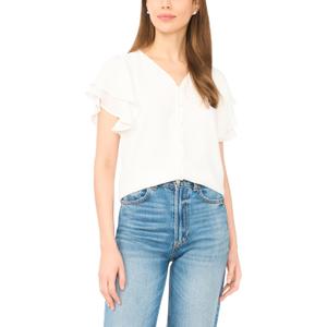 CeCe Double Flutter Sleeve Shirred Shoulder Top (White, L)