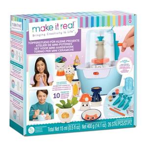 Make It Real Mini Pottery Studio - 26-Piece DIY Pottery Kit with Mess-Free Air Dry Clay - Create 10 Miniature Projects, Beginner to Master Levels - Innovative Centering Tool - Great for Kids Ages 8
