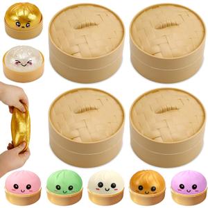 Dumpling Squishy Mystery Box, 4 Pack Dumplings Squishies Sensory Fidget Stress Balls for Adults and Kids Stress Relief Squeeze Classroom Prizes Goodie Bags Stuffers Gifts (Random Color)