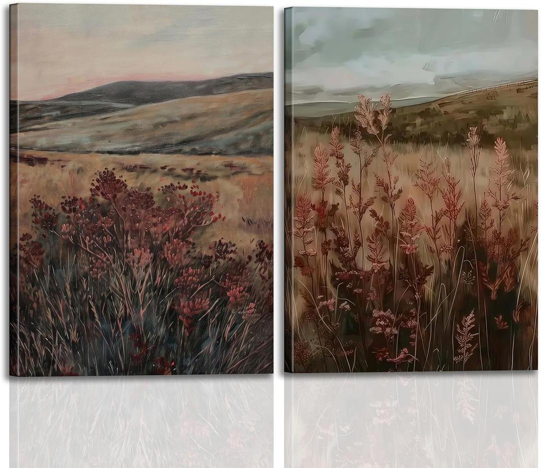 Vintage Framed Canvas Wall Art Farmhouse Landscape Wall Decor Moody Art Prints Home Decorations Maroon Wildflower Scenery Paintings for Living Room Bedroom Office Decor 12x16in Ready to Hang (Retro Field)