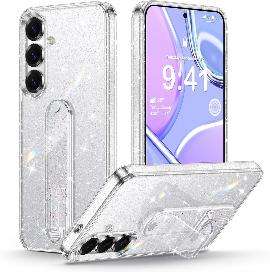 Silverback for Samsung Galaxy S25 Case Glitter for Women Girls, Adjustable Bling Strap Grip Holder, Cute Slim Sparkly Shockproof Phone Cover - Clear Glitter