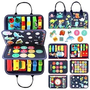 Qizfun Montessori Busy Board & Busy Book for Toddlers – Sensory & Learning Toy That Keeps Kids Busy, Travel Toy for Airplane & Car, Screen for Boys & Girls (Blue/ P4)