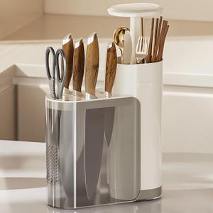 Kitchen Utensil Holder, Knife Holder Organizer for Kitchen Countertop, Dust-proof Utensil Drying Rack with Drainage, Cooking Cutlery Silverware, Forks, Knives, Spoons Organizer