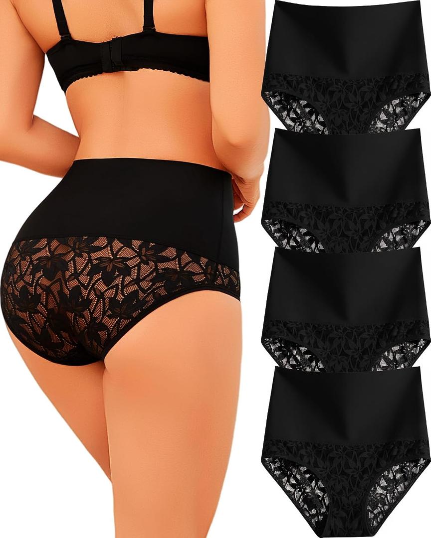 Shapewear for Women Tummy Control High Waisted Seamless Womens Underwear 4-Pack Sexy Lace Plus Size Panties, 3XL