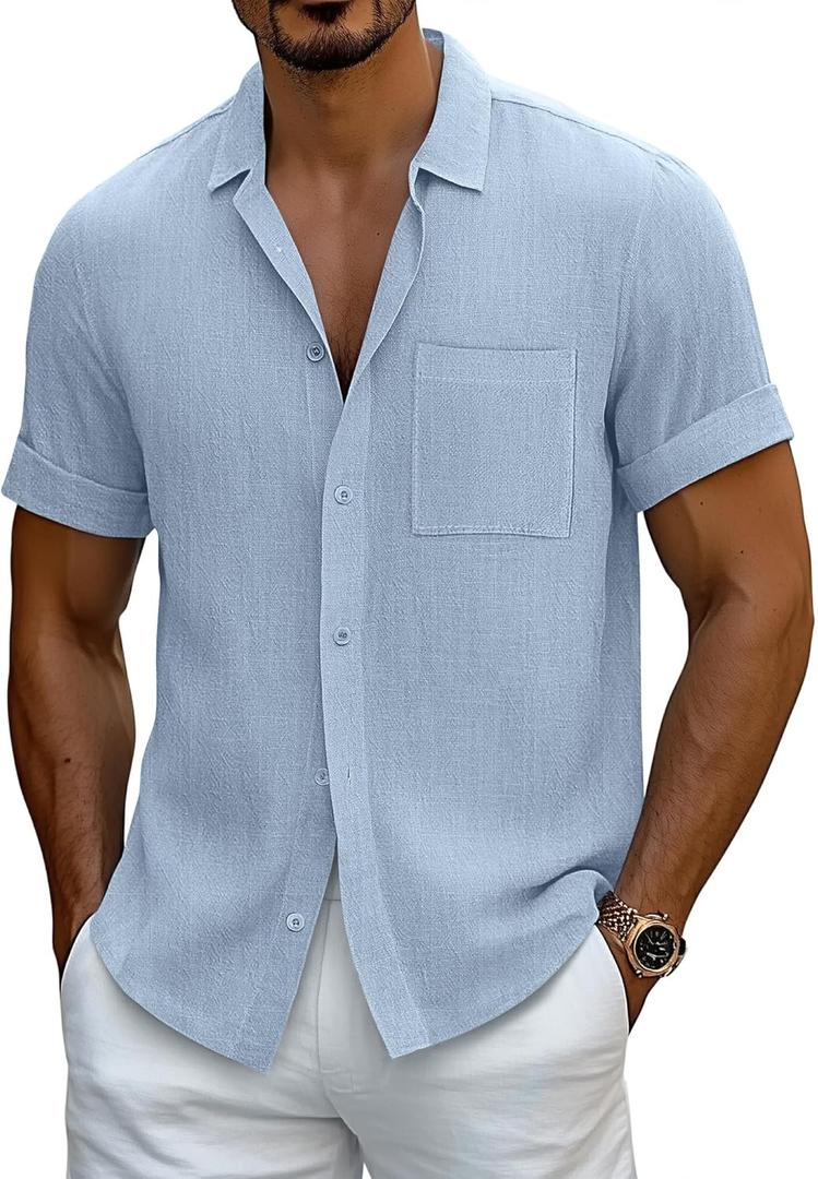 Neer Men's Big and Tall Linen Shirts M-7XL Short Sleeve Casual Button Down Blouses with Pocket Summer Beach Tops (Light Blue, 7XL)