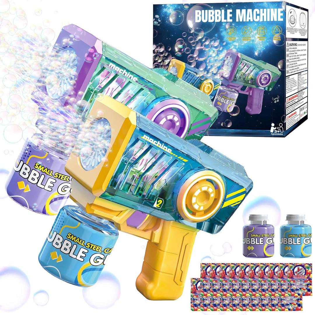 Bubble Gun with Bubble Solution - Transparent, Electric, Leak-Proof, Bubbles Machine with RGB Lights, Ideal Gift for Kids Ages 3-8 Birthday, Toys for 3 4 5 6 7 8 Years Old Boys Girls