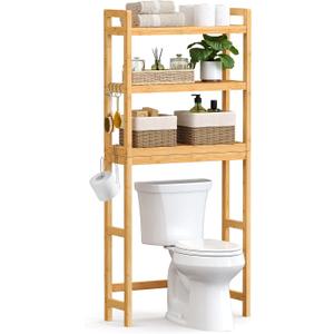SONGMICS Over The Toilet Storage, 3-Tier Over Toilet Bathroom Organizer with Adjustable Shelf, 10.2 x 24.8 x 66.9 Inches, Space-Saving, Natural Beige UBTS001N01