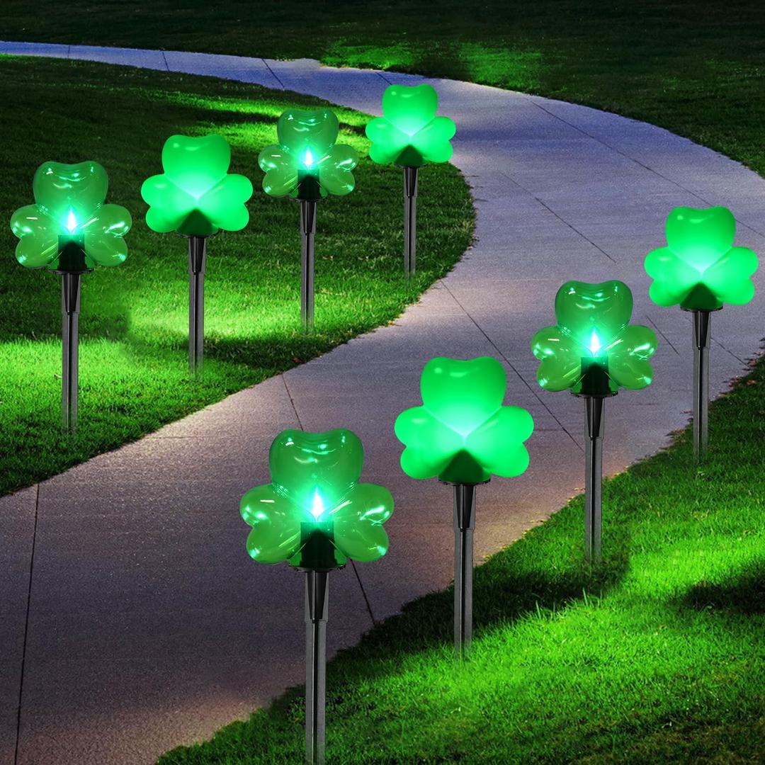 2*4 Pack LED St. Patricks Shamrock Pathway Lights for St. Patricks Day Decorations, Green Lucky Clover Pathway Stake Lights Outdoor Waterproof, UL Certified for Lawn Yard Walkway Irish Decor, Plug In