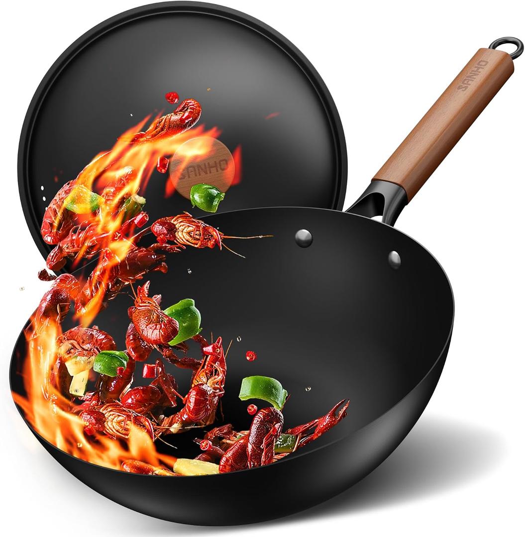 Sanho 12"/30cm Carbon Steel Wok Pan, 4QT Nonstick Wok with Lid, No Seasoning Required & 0 Coating, Compatible with All Cooktops & Utensils for Healthy Stir Frying, Frying, Boiling, Steaming