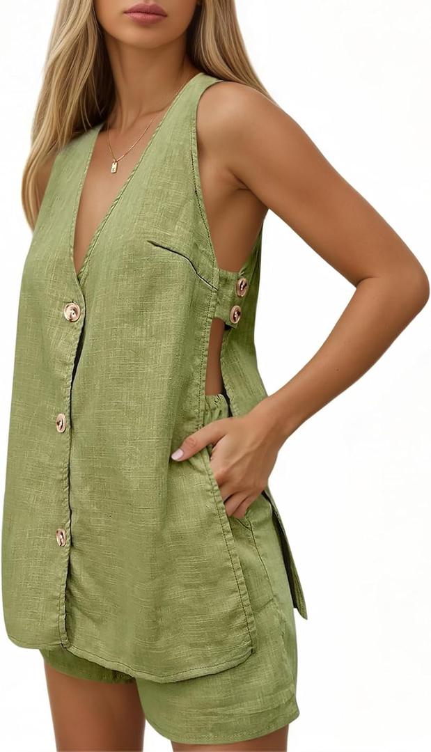 Tankaneo Womens Summer Vacation Outfits Beach Travel Cruise Resort Wear 2 Piece Short Sets Casual Tank Tops and Shorts (Green, Medium)