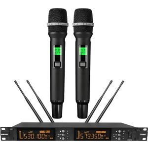 Wireless Microphone System, Dual 100-Channel Handheld Dynamic Mics Adjustable Frequency with Auto-Scan Tech, 328ft Range for Church, DJ, Karaoke & Parties (PH400)
