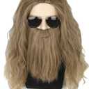 Topcosplay Mens Wigs and Beard Ash Blonde Long Curly Cosplay Halloween Costume Funny Wig (Brown)