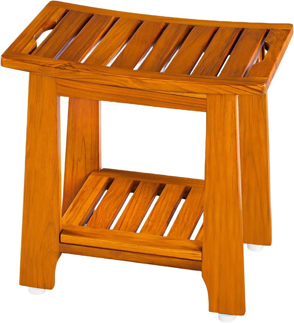 14" Compact Teak Shower Stool with Shelf & Handle - Waterproof, Non-Slip Bath Bench for Small Bathrooms/Tub/Outdoor Use, 300 lbs Capacity (Patented)