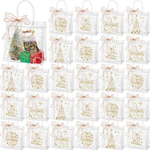 Henoyso 24 Pcs Gold Christmas Clear Gift Bags Plastic Goodie Candy Treat Bag with Handles PVC Gift Wrap Totes with Ribbon for Xmas Party Favors (7.8 x 7.8 x 3.1)