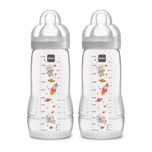 MAM Easy Active Baby Bottles 11oz, Fast Flow Skinsoft Silicone Nipple with Wide Neck Ergonomic Design, Easy to Hold, BPA-Free, Bottles with Leak-Proof Caps for 4+ Months Baby (2 Count (Pack of 1))