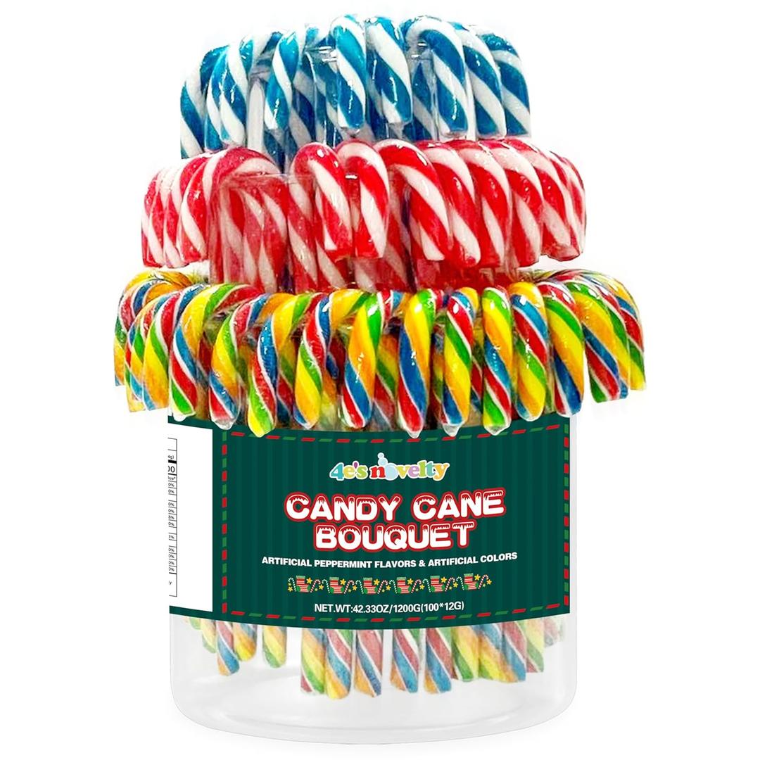 4E's Novelty Multicolored Christmas Candy Canes Display Stand, 100 Count Peppermint Flavors, Multi Colored Xmas Candies Canes Individually Wrapped, Christmas Candy Cane, Stocking Stuffers Bulk for Family Treats
