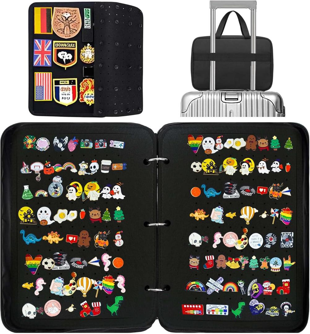 Extra Large Pin Display Book for Collectors,Portable 3 Ring Binder,Double Sided Felt Pages,Holds 300+ Pins & 50 Patches, Detachable Organizer (Black)