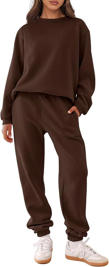 ANRABESS Women's Two Piece Outfits Sweatsuit Lounge Set Long Sleeve Crewneck Sweatshirt Jogger Pants Tracksuit 2025 Fall Sets (Drek Coffee)