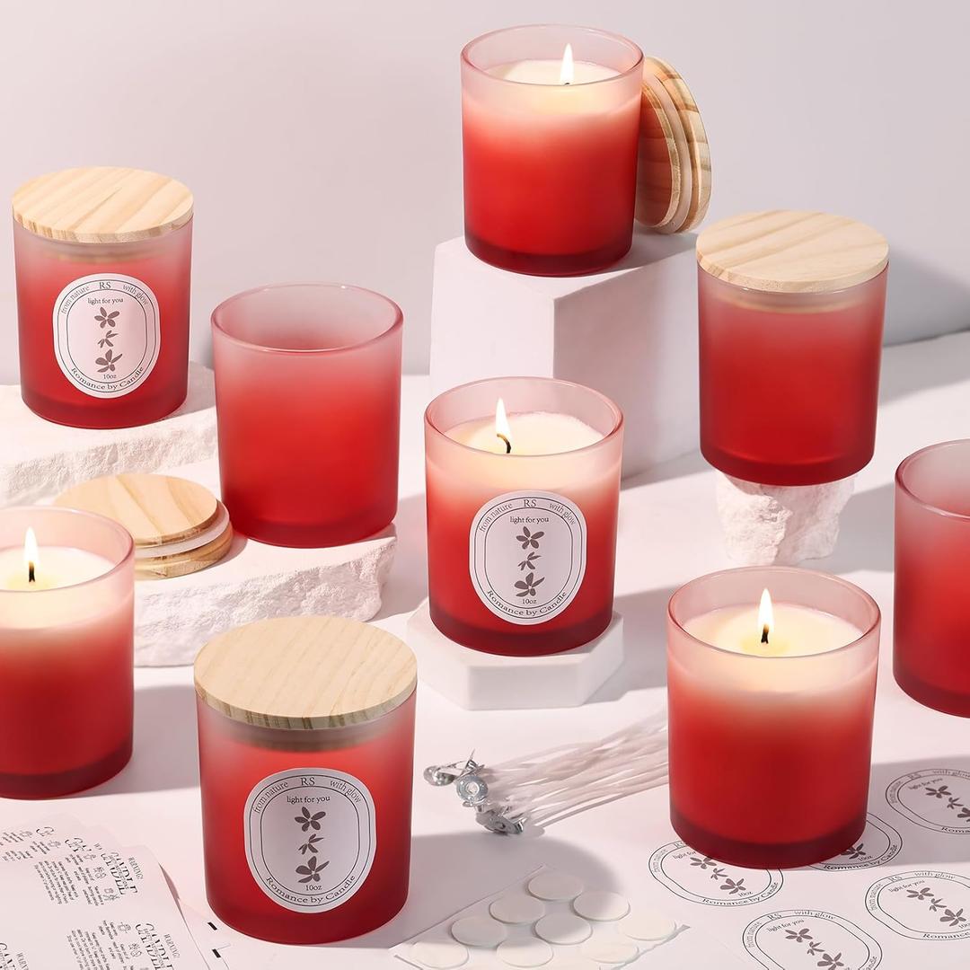 12Pcs Gradient Red Candle Jars for Making Candles, 10oz Glass Jars with Bamboo Lids, Candle Wick Kit and Sticky Warning Labels, Candle Containers Vessels for DIY Gifts