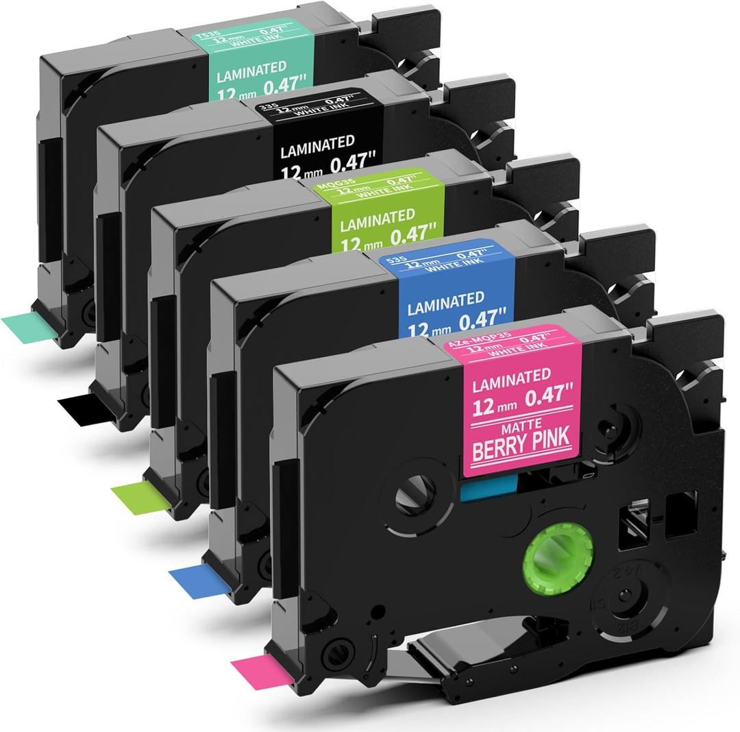 Label KINGDOM Compatible with Brother Label Maker P Touch TZe TZ Tape 12mm 0.47 Inch Laminated (White on Black,Blue,Turquoise Blue,Berry Pink,Lime Green) for Brother PTD210 PTH110 PTD400