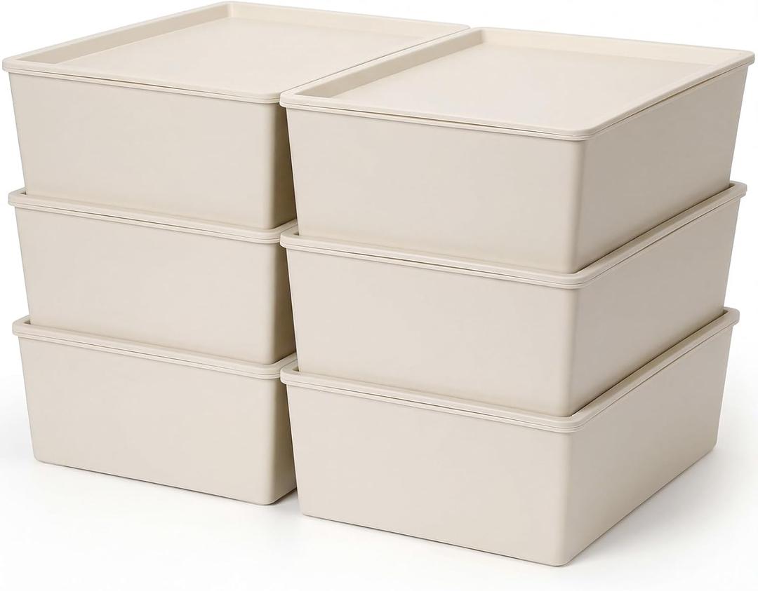 Menkxi 6 Pcs Plastic Storage Bins with Lids Stackable Storage Containers Durable Box Baskets for Organizing Shelves Playroom Classroom Office (Large, White)