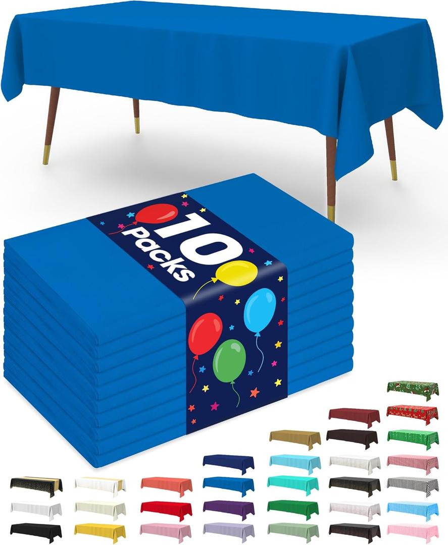 Pureegg Plastic Table Cloth Disposable 10 Pack, 54 x 72 Inch Table Cloths, Party, Picnic, Wedding, Decorative Tablecloths, Rectangle, White Plastic Cover, Leakproof & Sturdy, Blue