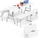 HLPB Folding Table Picnic Table Set, 6 ft Camping Table with 2 Benches, Outdoor Indoor Portable Folding Furniture for Working Meeting Party, Camping, Picnic, Weddings w/Handle and Safety Locks, White