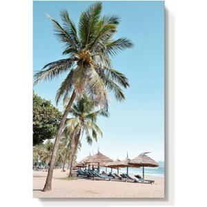 Beach Seascape Canvas Wall Art: Palm Tree Coastal Picture Coconut Trees Painted Beach Umbrellas & Chairs Painting Seaside Artwork Decor for Bathroom 11" x 16"