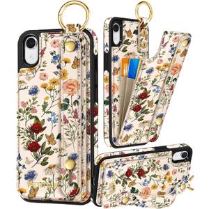 Petitian for iPhone XR Case with Wallet - Women Girls Cute Girly Aesthetic Unique Design Leather Credit Card Holder Cardholder Stand Wristband for iPhone XR, Vin Flower