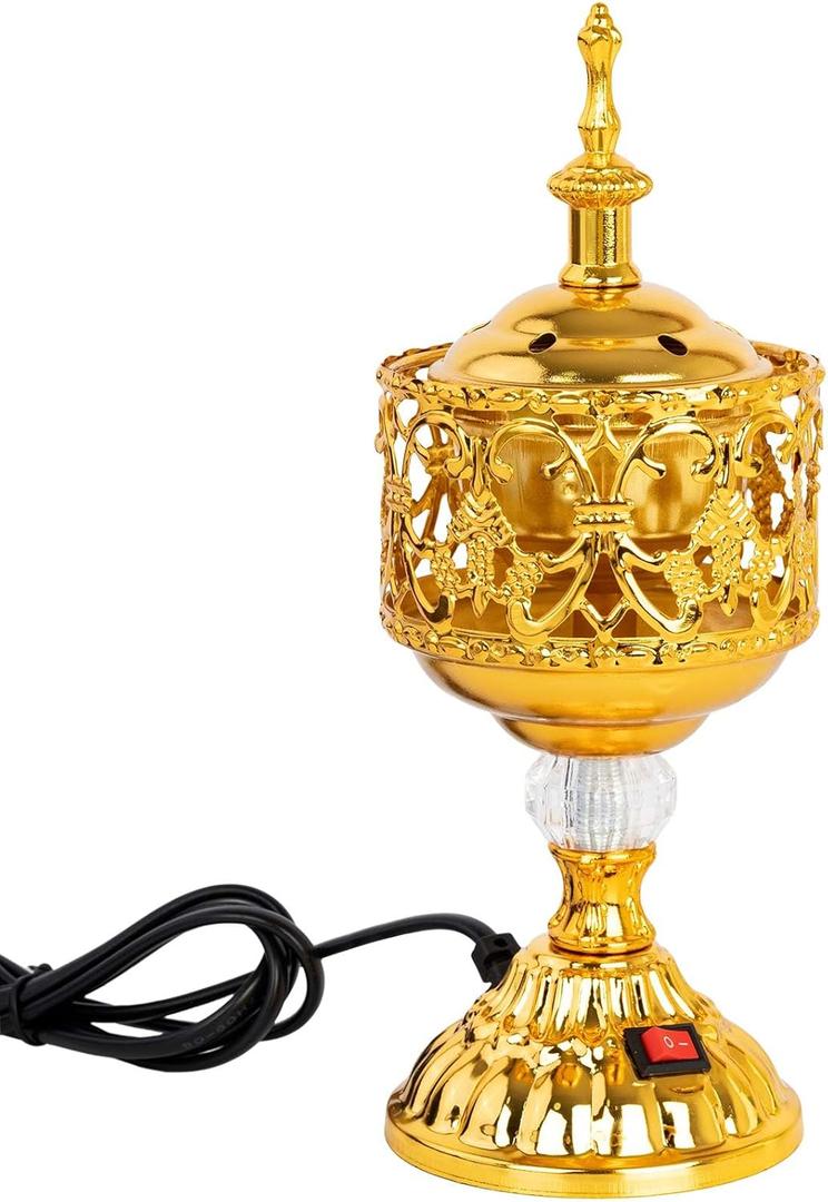 Golden Electric Incense Burner, Arabian Style Electric Incense Holder with US Plug, Middle Eastern Tabletop Decorative Censer for Yoga Spa Home Office Christian Church Decor