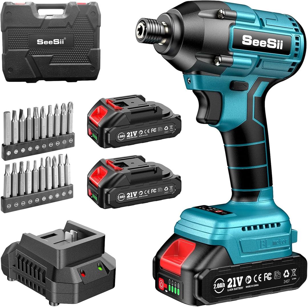 Seesii Impact Driver Kit, 21V Max Torque 1590 In-lbs(180 N.m) Cordless Impact Driver Set with Two 2.0 Ah Battery, 1/4" Hex Chuck Power Impact Drill, 0-2500 RPM Variable Speed, 20 Pcs Drill Bits, QH150