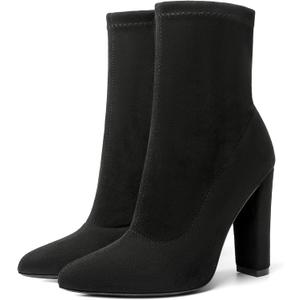Risdoada Women's Sock Boots Chunky Heel Ankle Booties Elastic Suede Pointed Toe Fall Winter High Heeled Mid Calf Boots (10, Black)