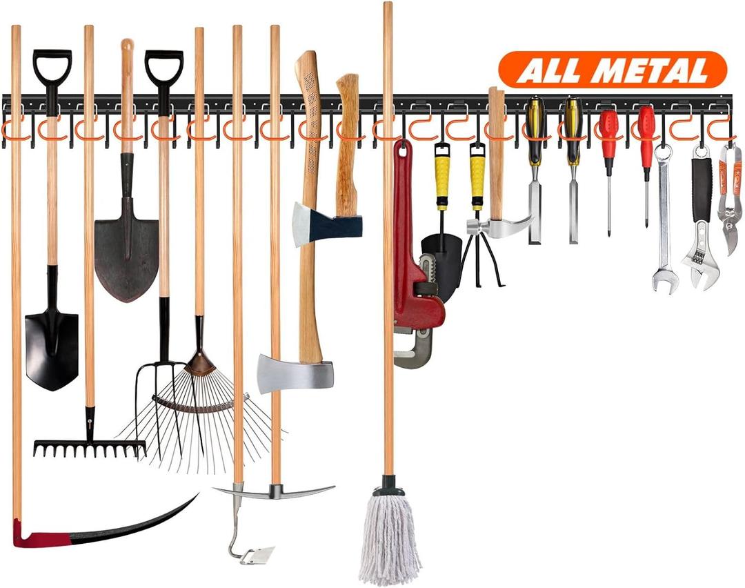 68'' All Metal Garden Tool Organizer Wall Mount Garage Organizers and Storage with Hooks Tool Hangers for Shed (68inch)
