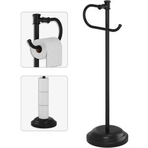 BESy Toilet Paper Holder Free Standing Bathroom Toilet Tissue Holder Stand for Floor Toilet Paper Roll Holder with Storage Hardware Accessories Rack Hand Towel Bar Matte Black Stainless Steel