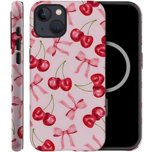 Case Compatible with iPhone 15 Plus,Compatible with MagSafe,Fall Prevention Hybrid 2-Layer Hard Shell Cases for Girls Boys,Pink Bow Cherry Ribbon Fruit