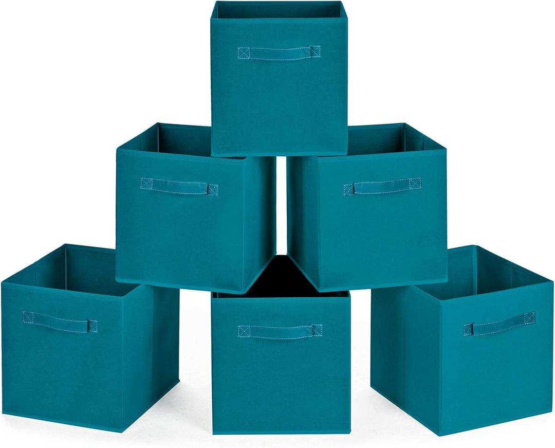 MaidMAX Cloth Storage Bins, Set of 6 Foldable Collapsible Fabric Cubes Organizers Basket with Dual Handles, Teal