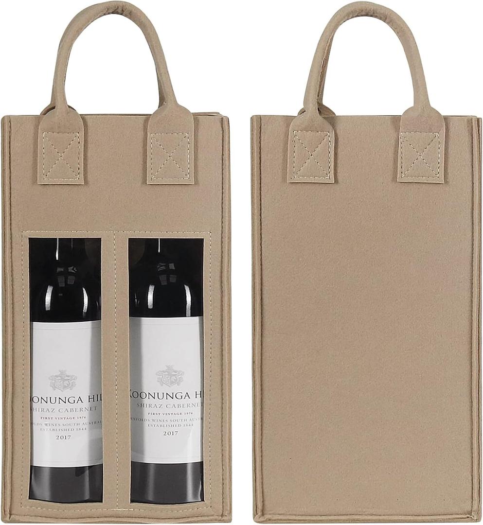 Shintop Double Wine Bag with Window, Felt Bottle Gift Bag with Handle Reusable Wine Tote Carrier for Party Favors Travel, Camping(1pc, beige)