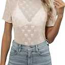 ZOOMOON Womens Lace Mesh Blouse Short Sleeve Sheer Top Summer Mock Neck Shirt Beige, Large