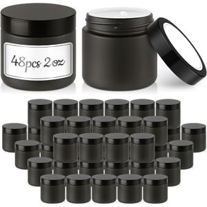2 oz Glass Jars with Lids, Bumobum 48 pack Black Cream Jars with Black Lids, Black and White Labels & Inner Liners, Empty Cosmetic Containers for Cream, Lotion, Ointment