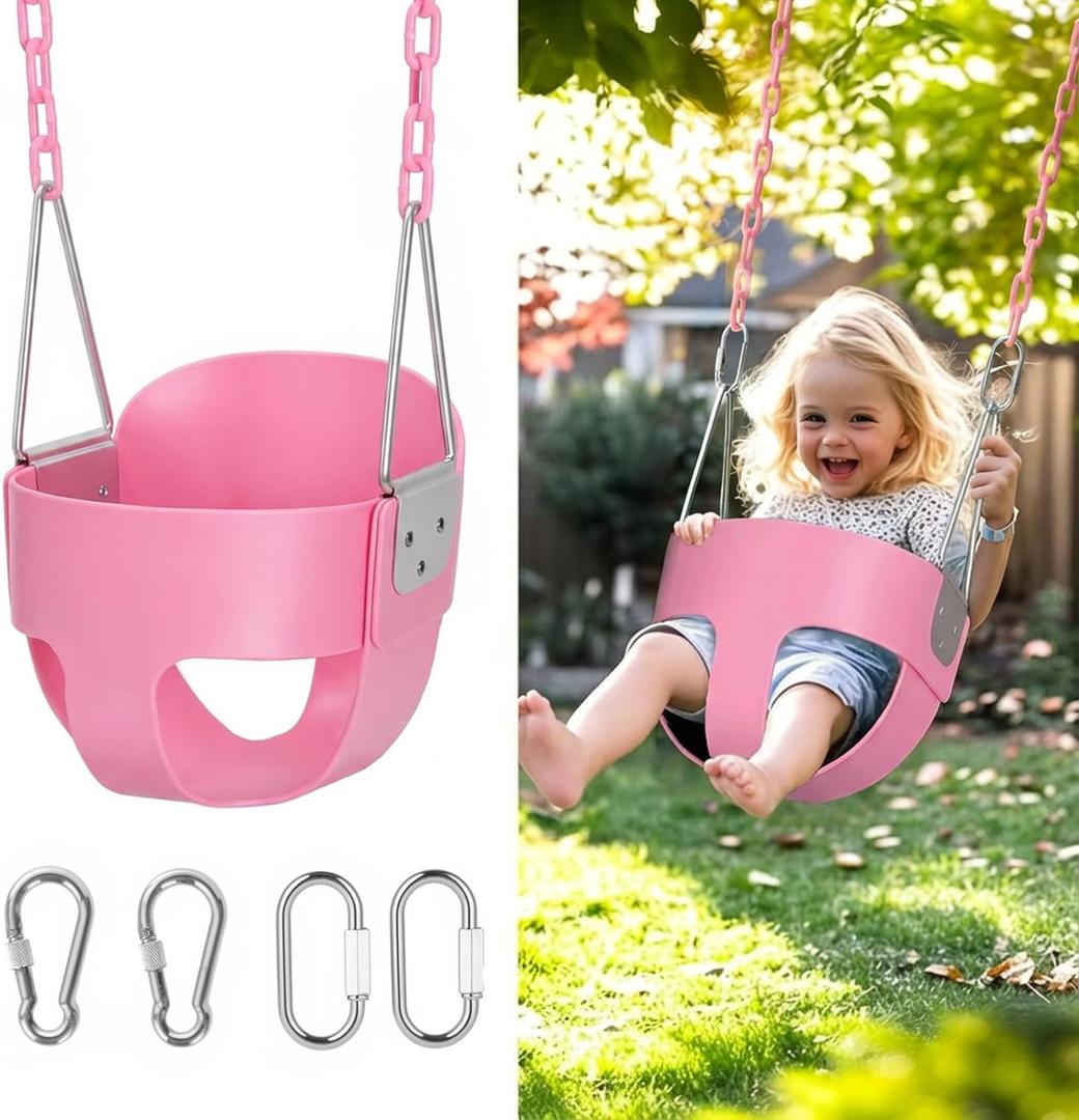 High Back Full Bucket, Toddler Swing with Coated Chains & Triangle Dip Pinch Protection for Safety, Baby Swing Outdoor with Locking Buckles, Toddler Bucket Swing for Backyard, Playground, Pink